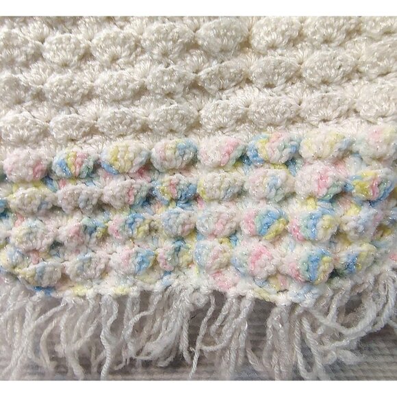 Vintage Handmade Crocheted Baby Blanket 54x32 Pastel Fringe Nursery Decor - Picture 10 of 13